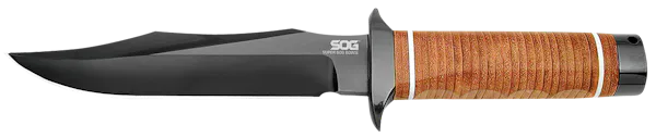 S.O.G SuperSOG 7.50" Fixed Blade Knife - Bowie Plain Black Hardcased TiCN AUS-8A SS Blade Brown Stacked Leather Washers w/Cross Guard Handle Includes Sheath
