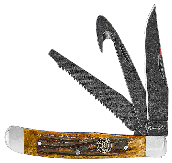 Remington Accessories Backwoods Trapper Folding Stonewashed Carbon Steel Blade Coffee Brown w/Remington Medallion Bone Handle