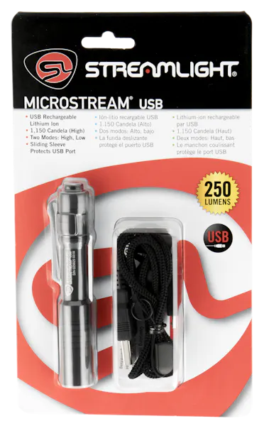 Streamlight Microstream USB Pocekt Light - White LED 50/250 Lumens Rechargeable Lithium - USB with 5” USB charging cord & lanyard - Clam