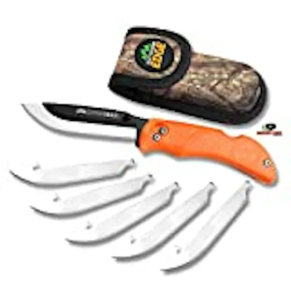 Outdoor Edge RazorBlaze, RB-20, 3.5"" Replaceable Blade Folding Hunting Knife, Non-Slip Rubberized TPR Handle, Mossy Oak Nylon Sheath (Blaze Orange)